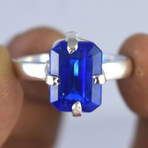 CERTIFIED 8.15CT NATURAL Blue Tanzanite Emerald Cut S925 Silver Gemstone Ring
